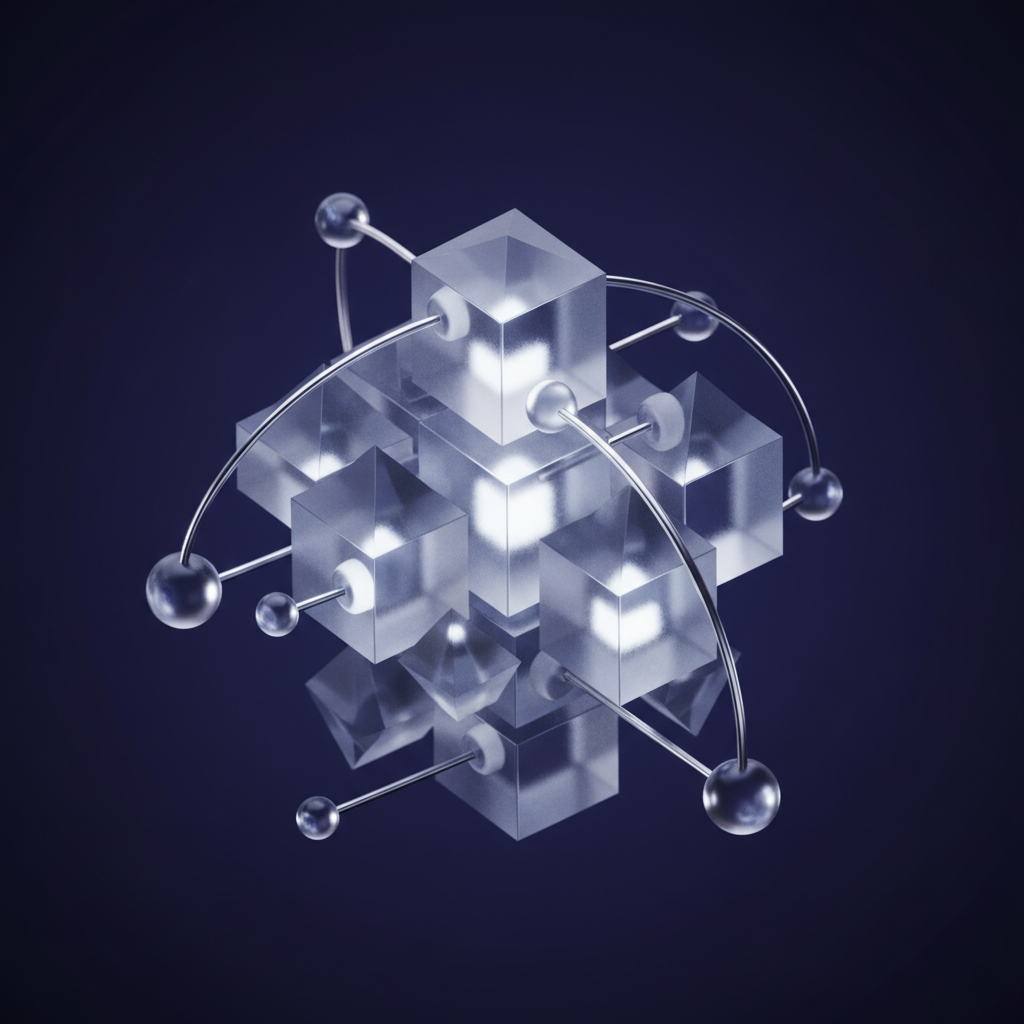 High-end corporate render, 8k, cinematic lighting, professional aesthetic. No text. Glassmorphism 3D abstract render. A sophisticated network of interconnected, glowing data nodes and transparent, ethereal geometric shapes. This visual metaphor represents intelligent AI agent chaining and seamless content automation. Predominant color palette: deep Midnight Blue, sleek Silver, and crisp White. Emphasize smooth, highly reflective glass surfaces with subtle internal luminescence. The overall aesthetic should be futuristic, elegant, and ultra-sophisticated.